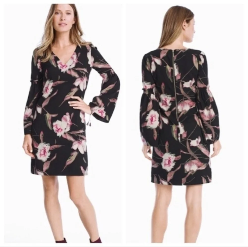 🎉SALE WHBM Black Floral Print Smocked Bell Sleeves Vneck Dress